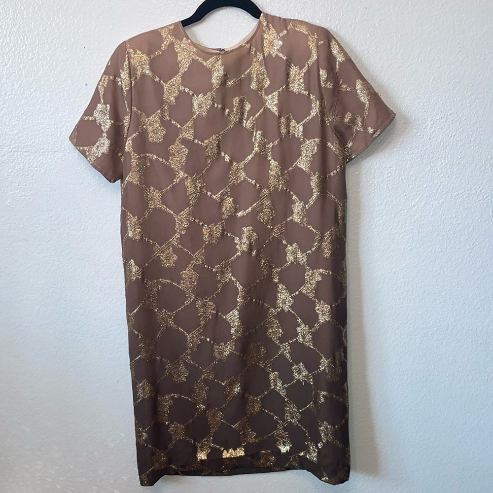 Vintage mocha and gold dress.  Zip up back.  Short sleeve. Knit fabric